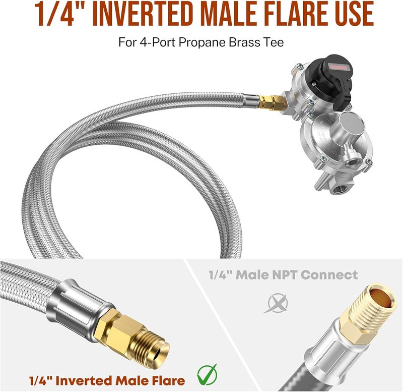 Alloxity 6ft Propane Tank Hose Extension with Gauge, POL x 1/4" Inverted Male Flare, Braided Supply Propane Tank Pigtail Hose, for 5-100lb Propane Tank Connection Extend a Stay RV Propane Kit, Dual Regulator - Image 5
